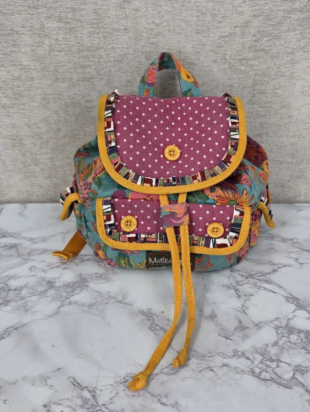 Matilda Jane Girls With Me Mini Backpack Teal Floral with Pink Polka Dot Flap